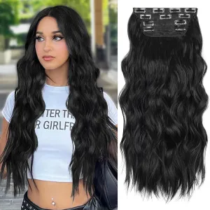ALXNAN Clip in Hair Extension,Long Wavy Hair Extensions 20 Inch Black 4PCS Thick Hairpieces for Women