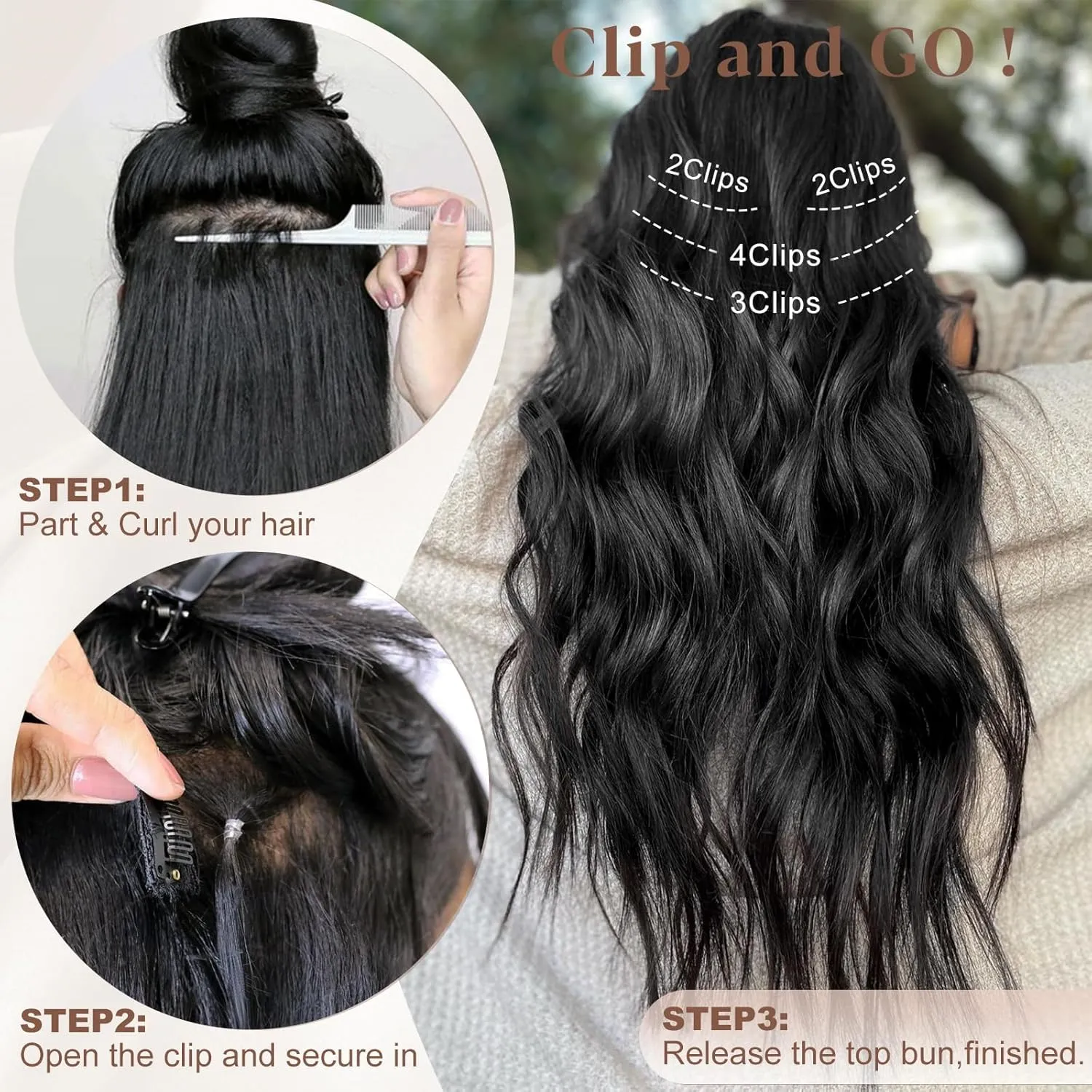 ALXNAN Clip in Hair Extension,Long Wavy Hair Extensions 20 Inch Black 4PCS Thick Hairpieces for Women
