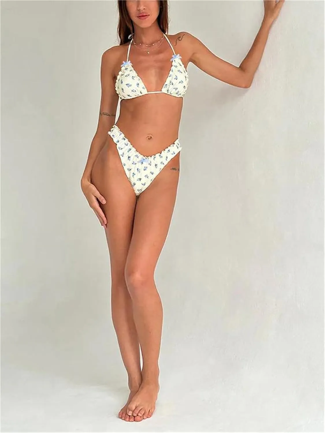 Alyweatry Women Y2k Bikinis Sets Coquette Aesthetic Bows Halter Tie Up Bikini Top High Cut Elastic Waist Bikini Bottom