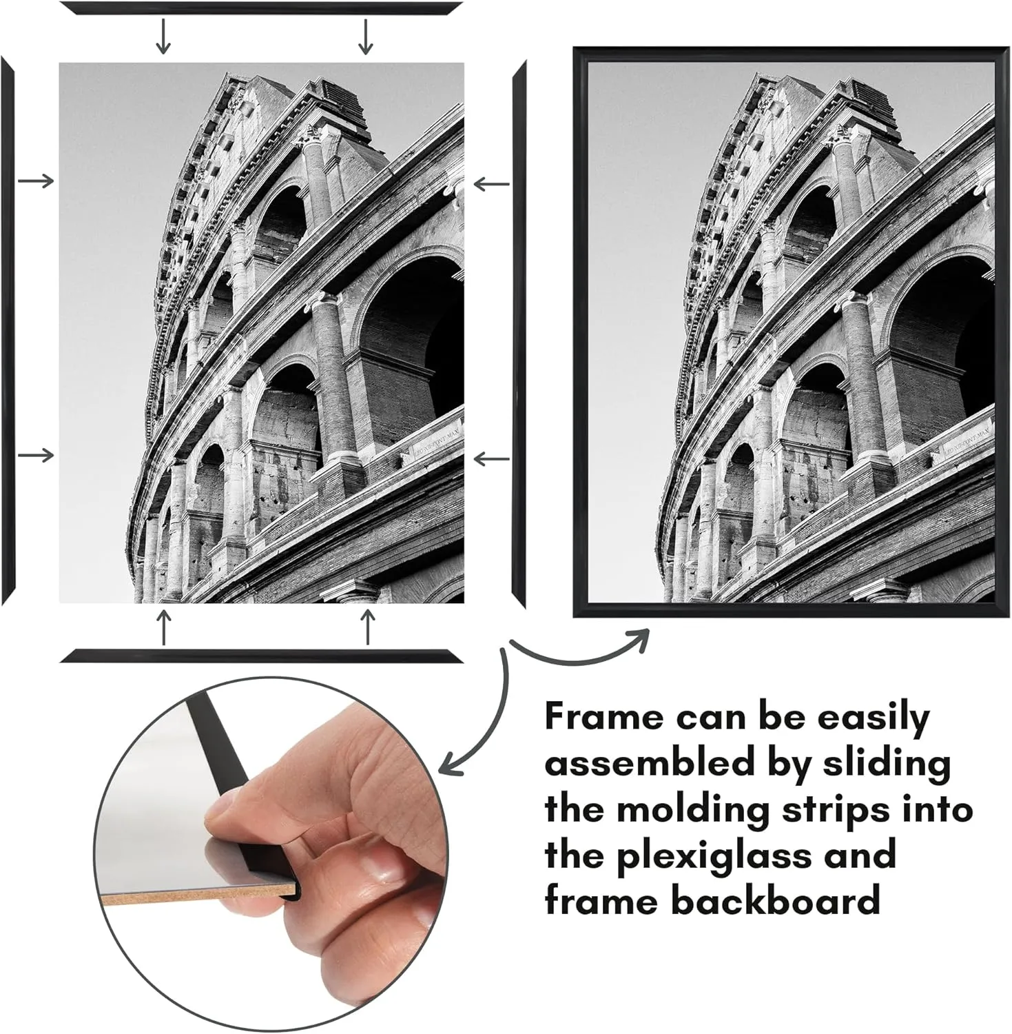 Americanflat 12x16 Picture Frame with Polished Front Cover - Set of 3 - Slide-In Photo Frame with Buildable Molding - Fusion Collection - Picture Frames for Wall Display - Black
