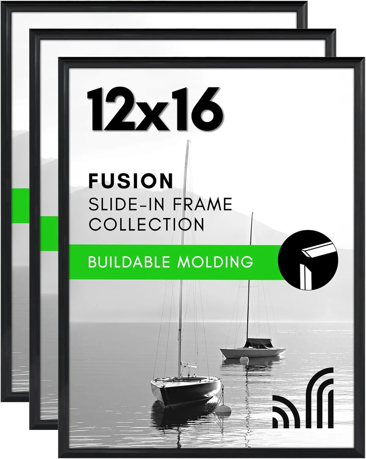 Americanflat 12x16 Picture Frame with Polished Front Cover - Set of 3 - Slide-In Photo Frame with Buildable Molding - Fusion Collection - Picture Frames for Wall Display - Black