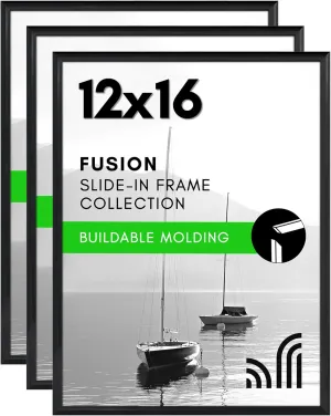Americanflat 12x16 Picture Frame with Polished Front Cover - Set of 3 - Slide-In Photo Frame with Buildable Molding - Fusion Collection - Picture Frames for Wall Display - Black
