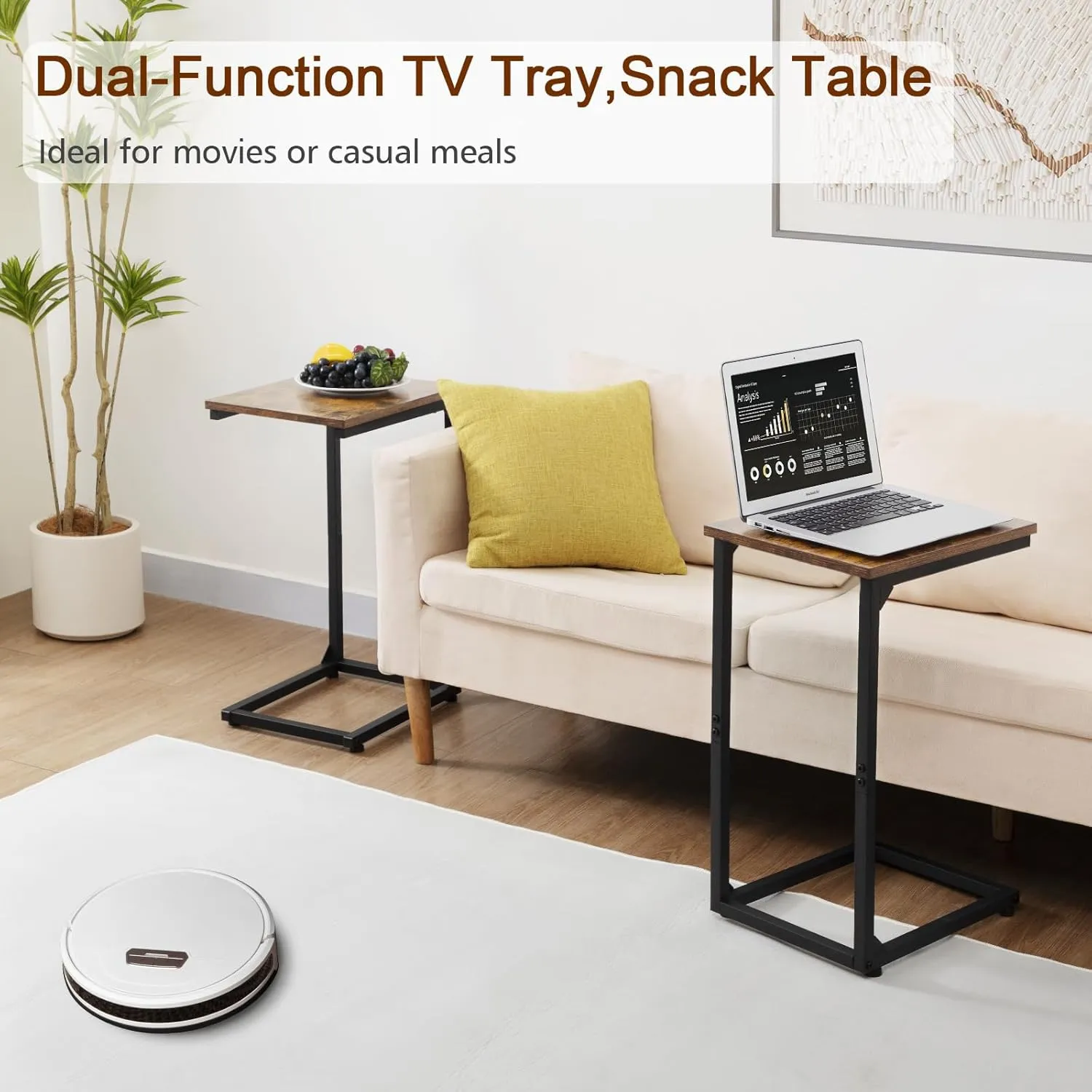AMHANCIBLE C Shaped End Table, Slide Under Couch Table for Sofa, TV Tray Snack Table, Small Side Table for Small Space, Living Room, Brown HET02CBR1