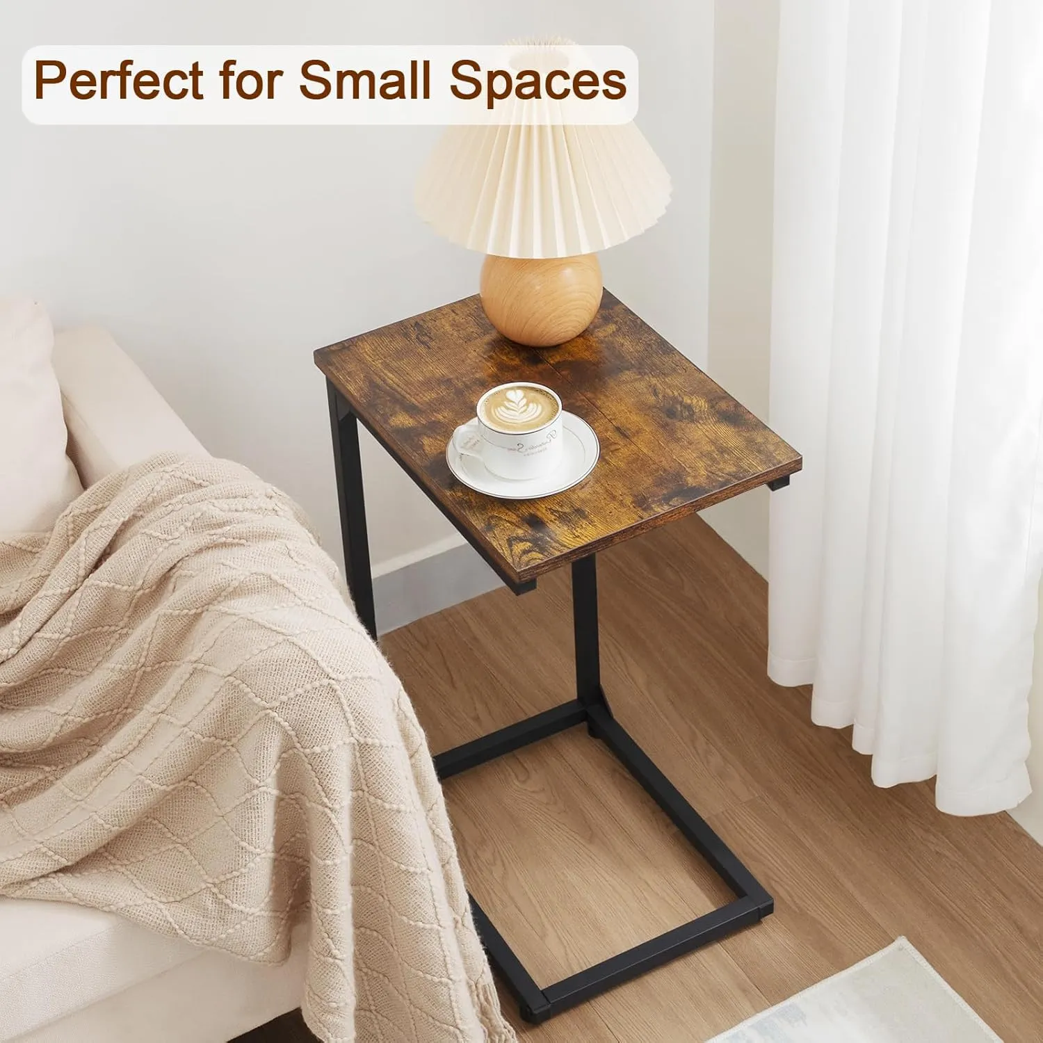 AMHANCIBLE C Shaped End Table, Slide Under Couch Table for Sofa, TV Tray Snack Table, Small Side Table for Small Space, Living Room, Brown HET02CBR1