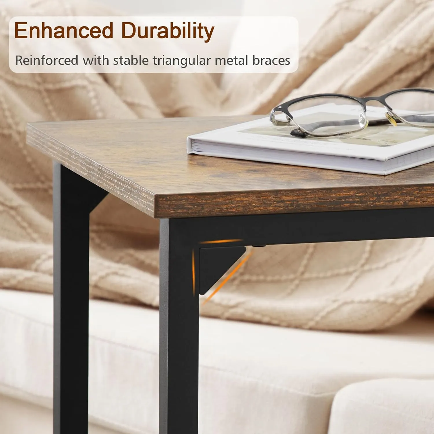 AMHANCIBLE C Shaped End Table, Slide Under Couch Table for Sofa, TV Tray Snack Table, Small Side Table for Small Space, Living Room, Brown HET02CBR1