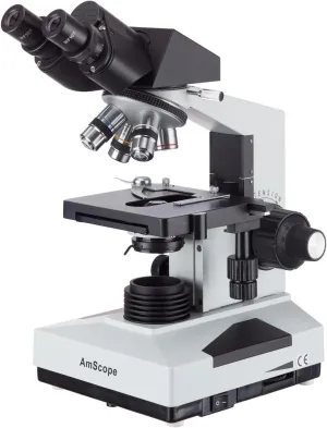 AmScope B490 Compound Binocular Microscope, WF10x Eyepieces, 40X-1000X Magnification, Brightfield, Halogen Illumination, Abbe Condenser, Double-Layer Mechanical Stage, Sliding Head, High-Resolution Optics, Anti-Mold