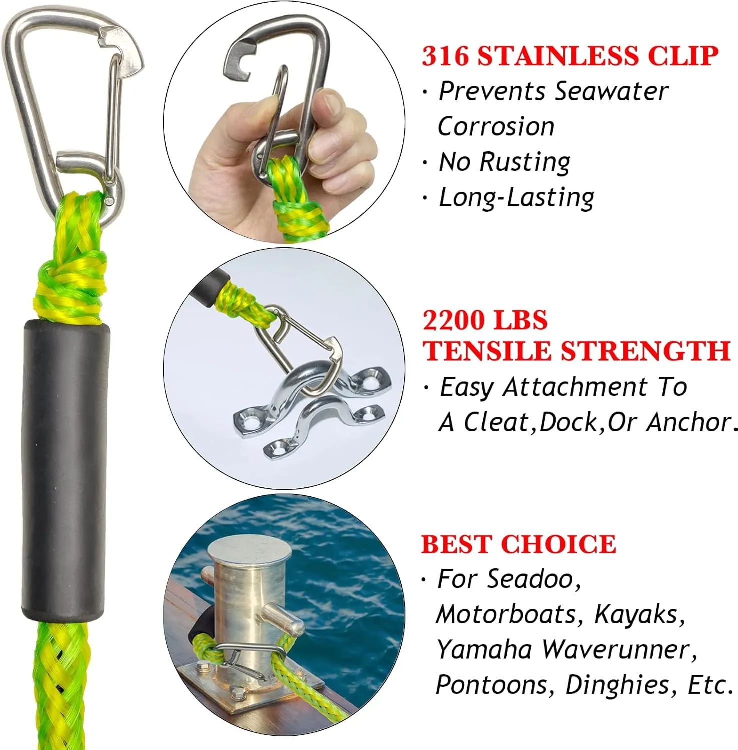 Anchor Bungee Line 316 Stainless Clip 3 Feet Boat Bungee Dock Lines 2PCS Boat Accessories Marine Grade for Jet Ski, SeaDoo,Yamaha WaveRunner,Kayak,Dinghy(Green, 3 Feet)