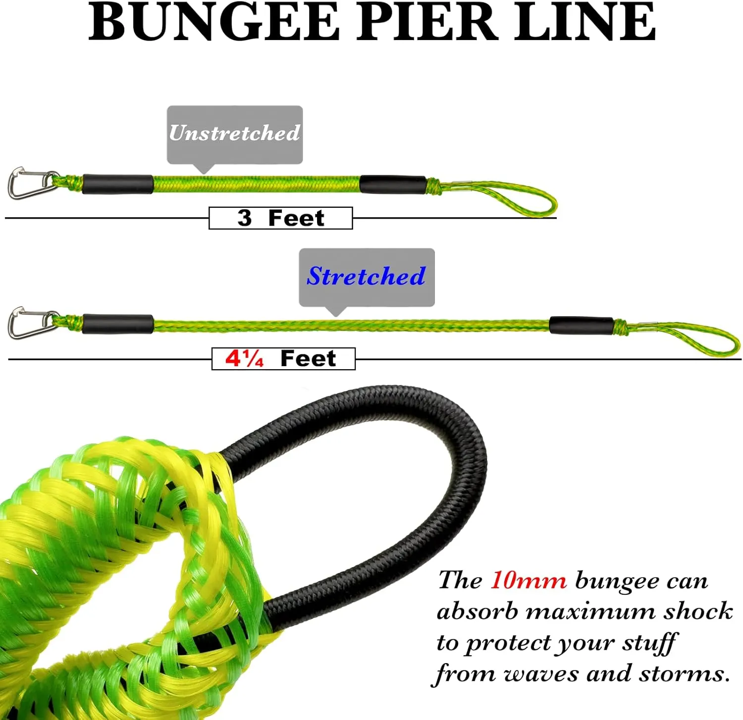 Anchor Bungee Line 316 Stainless Clip 3 Feet Boat Bungee Dock Lines 2PCS Boat Accessories Marine Grade for Jet Ski, SeaDoo,Yamaha WaveRunner,Kayak,Dinghy(Green, 3 Feet)
