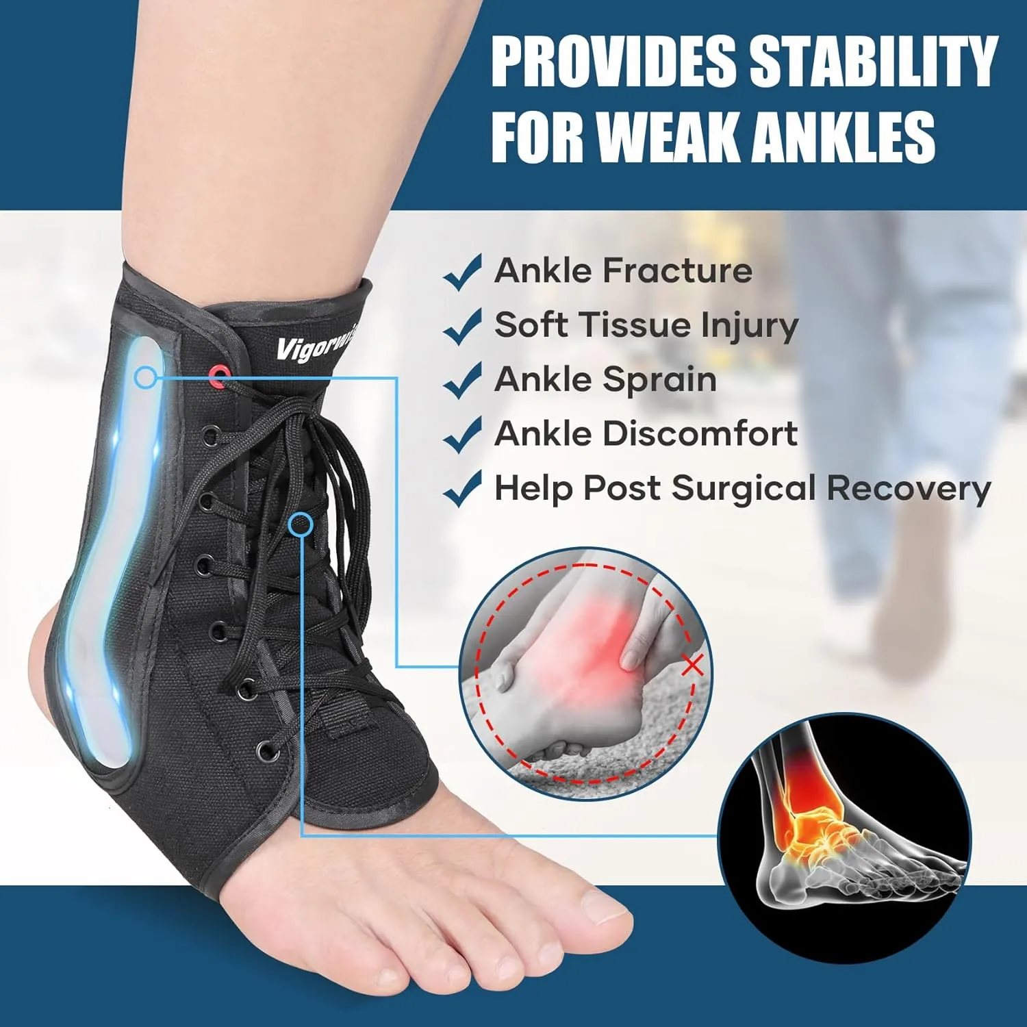 Ankle Brace for Sprained Ankle, Lace up Ankle Brace with 1Pair Metal and Plastic Support Bars, Ankle Stabilizer Brace for Men Women, Achilles Tendon Support Brace for Left Right, XL