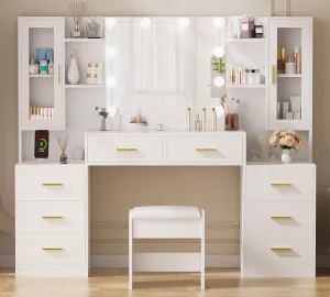 ANWBROAD 59.1" Large Vanity Desk Table with Mirror & Lights White Makeup Vanity with Power Outlet and 8 Drawers 2 Cabinets 3 Lighting Modes Adjustable Vanity Table for Bedroom Dressing Room UBDT67W
