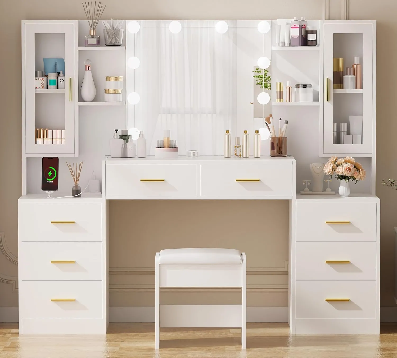 ANWBROAD 59.1" Large Vanity Desk Table with Mirror & Lights White Makeup Vanity with Power Outlet and 8 Drawers 2 Cabinets 3 Lighting Modes Adjustable Vanity Table for Bedroom Dressing Room UBDT67W