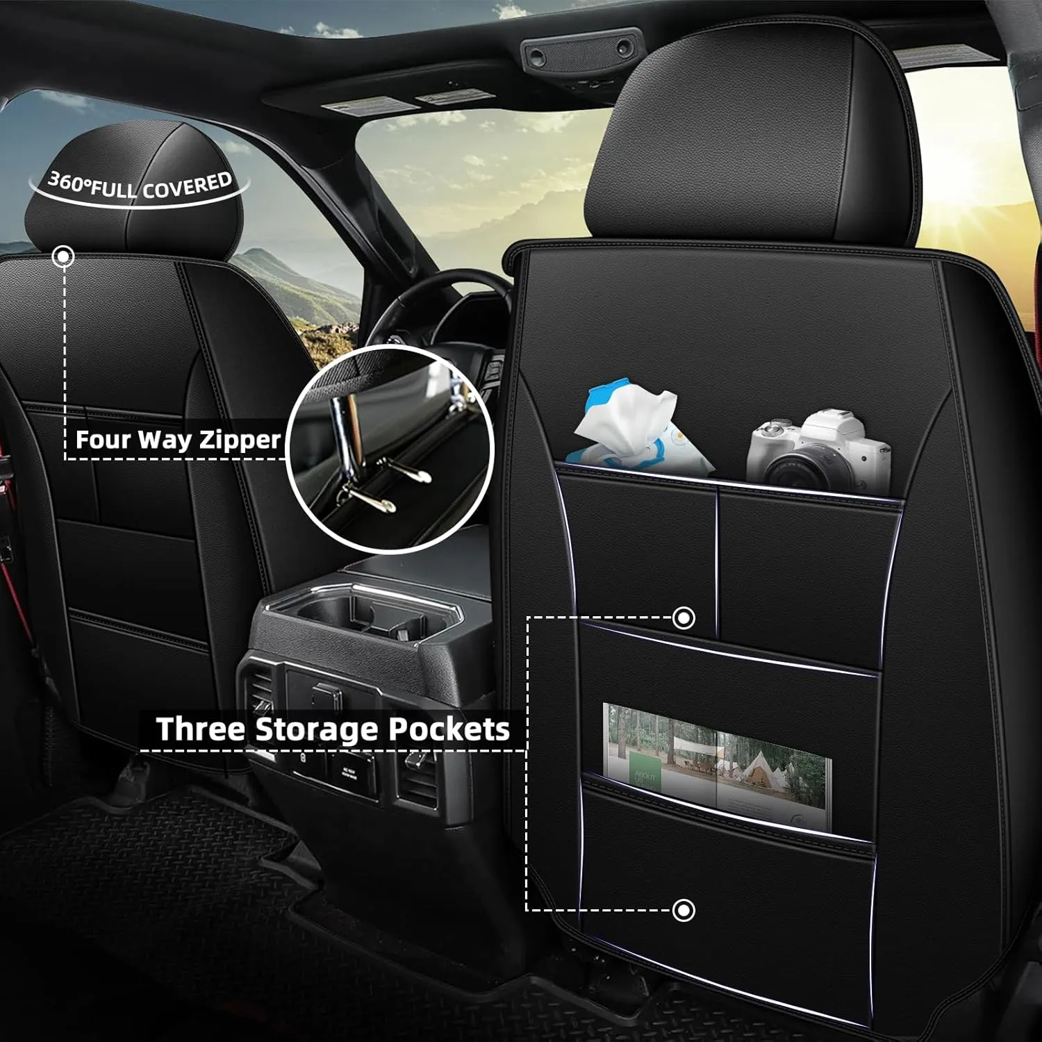 AOMSAZTO Seat Covers Custom Fit for 2019-2024 Chevy Chevrolet Silverado GMC Sierra Pickup 1500 2500HD 3500HD Trail Boss Z71 Crew Double Extended Cab Leather Seat Cushion Covers (Full Set, Black)