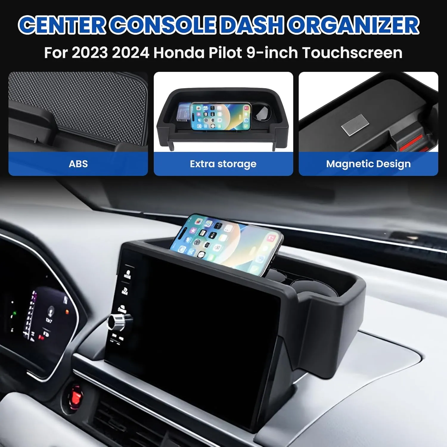 Autorder Center Console Dash Organizer for 2023-2025 Honda Pilot Accessories Dashboard Insert Tray with Cellphone Holder Storage Box with Anti-Slip Mat