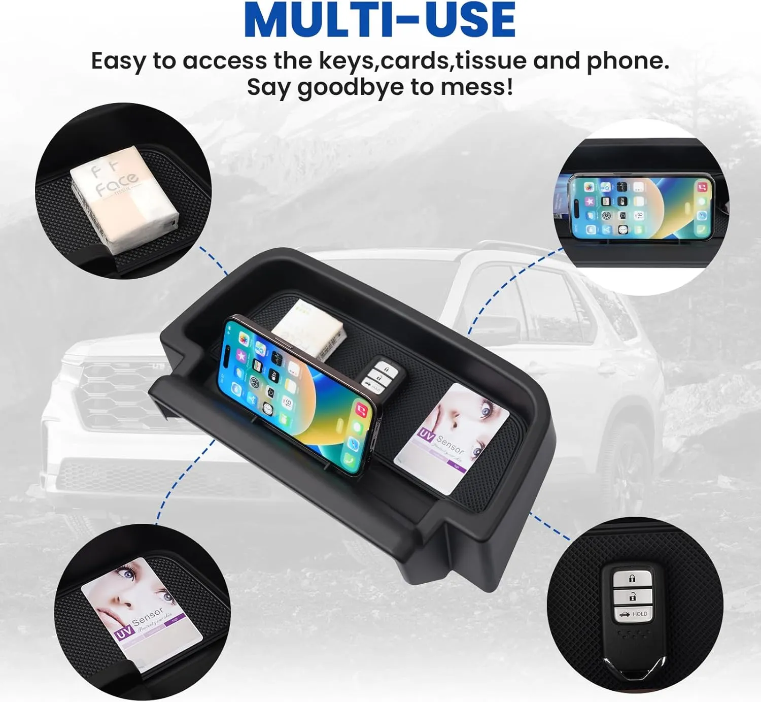 Autorder Center Console Dash Organizer for 2023-2025 Honda Pilot Accessories Dashboard Insert Tray with Cellphone Holder Storage Box with Anti-Slip Mat