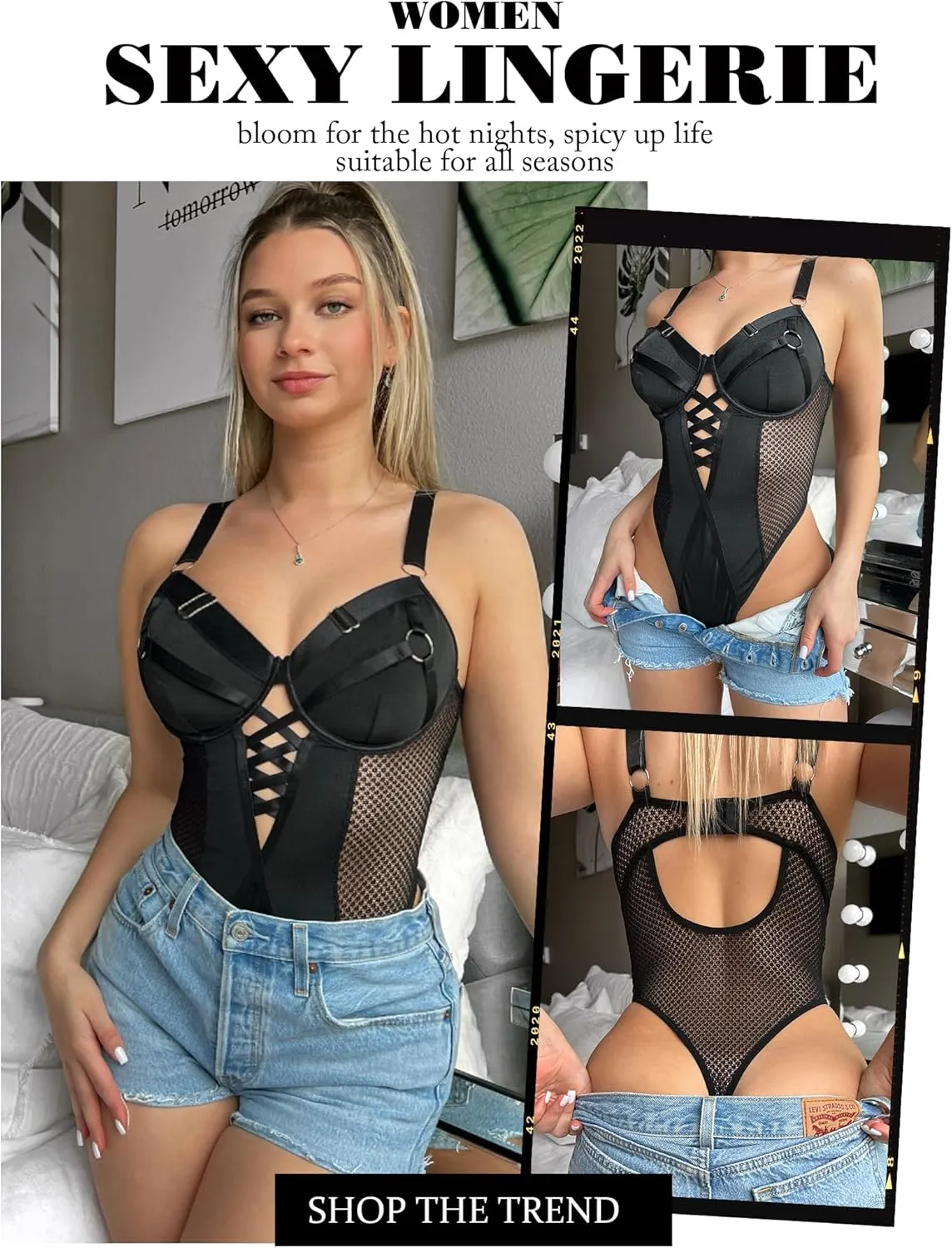 Avidlove Women Lingerie Bodysuit Mesh Teddy Underwire Lace Bodysuits One Piece Babydoll With Snap Crotch S-XXL