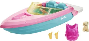 Barbie Boat with Puppy and Themed Accessories, Fits 3 Dolls, Floats in Water, Great Gift for 3 to 7 Year Olds