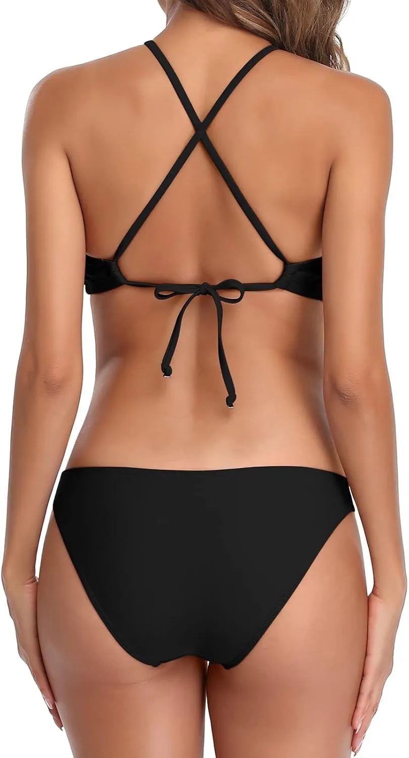 beautyin Womens Floral Striped Halter High Neck Bikini Swimsuit Set Cross Back