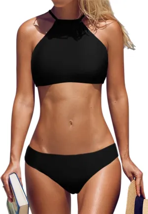 beautyin Womens Floral Striped Halter High Neck Bikini Swimsuit Set Cross Back