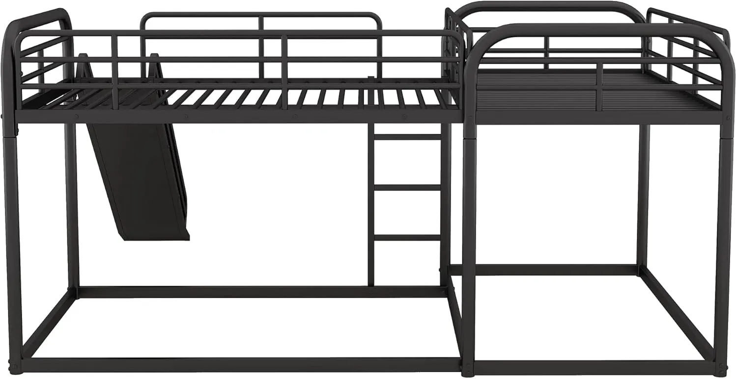 Bellemave L-Shape Bunk Beds with Slide, Quad Bunk Bed for 4, Metal Twin Size Bunk Bed Attached with Full Size Bunk Bed Frame, Modern Corner Bunked for Multi-Kids Boys Girls Teens (Black)
