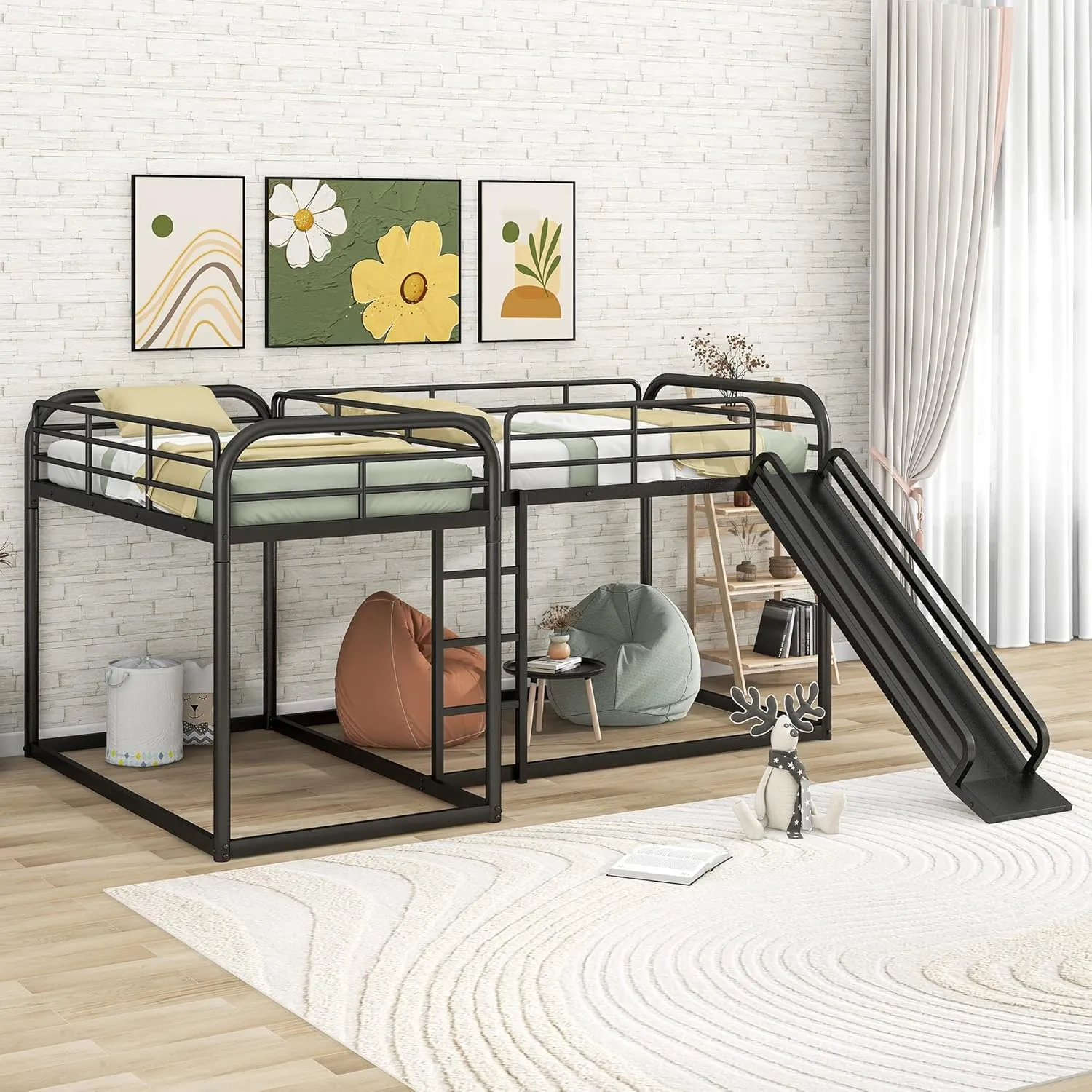 Bellemave L-Shape Bunk Beds with Slide, Quad Bunk Bed for 4, Metal Twin Size Bunk Bed Attached with Full Size Bunk Bed Frame, Modern Corner Bunked for Multi-Kids Boys Girls Teens (Black)
