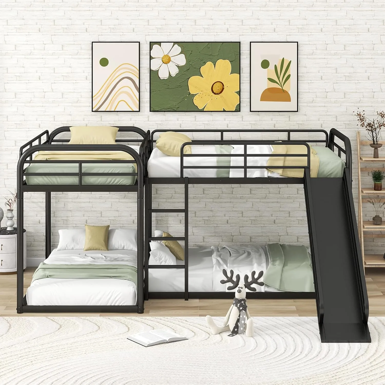 Bellemave L-Shape Bunk Beds with Slide, Quad Bunk Bed for 4, Metal Twin Size Bunk Bed Attached with Full Size Bunk Bed Frame, Modern Corner Bunked for Multi-Kids Boys Girls Teens (Black)