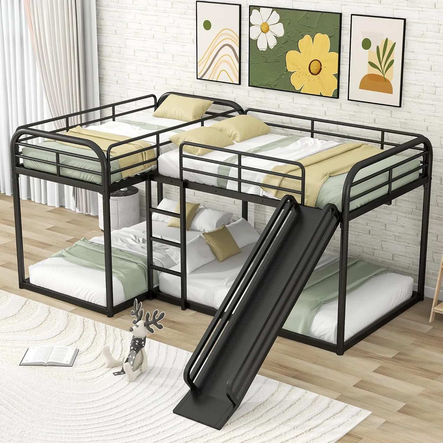 Bellemave L-Shape Bunk Beds with Slide, Quad Bunk Bed for 4, Metal Twin Size Bunk Bed Attached with Full Size Bunk Bed Frame, Modern Corner Bunked for Multi-Kids Boys Girls Teens (Black)