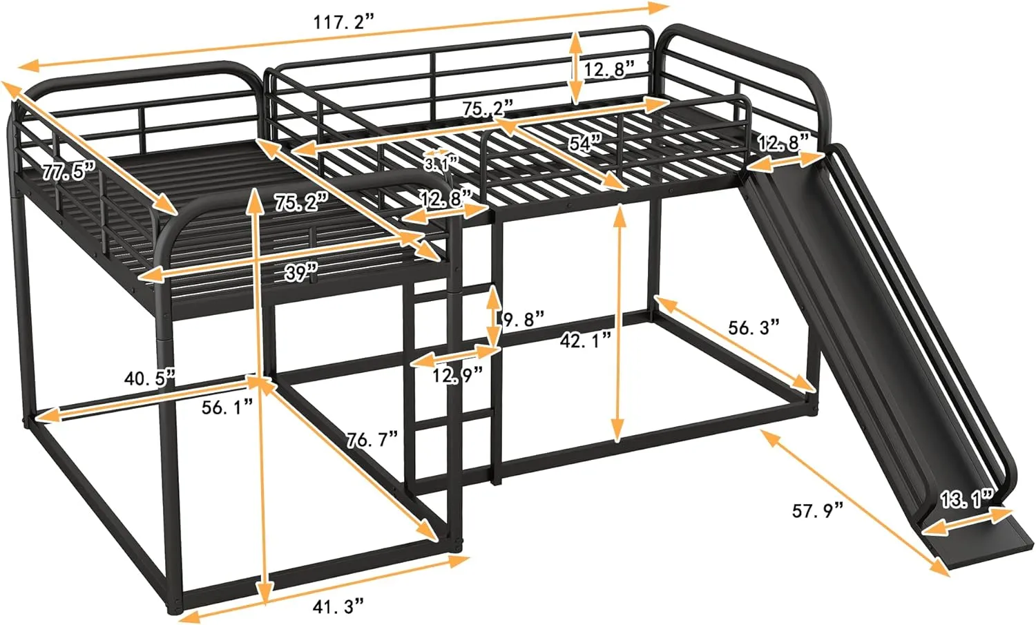 Bellemave L-Shape Bunk Beds with Slide, Quad Bunk Bed for 4, Metal Twin Size Bunk Bed Attached with Full Size Bunk Bed Frame, Modern Corner Bunked for Multi-Kids Boys Girls Teens (Black)