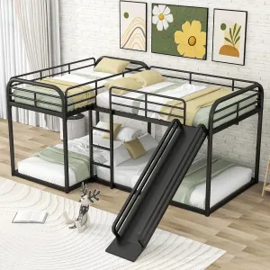 Bellemave L-Shape Bunk Beds with Slide, Quad Bunk Bed for 4, Metal Twin Size Bunk Bed Attached with Full Size Bunk Bed Frame, Modern Corner Bunked for Multi-Kids Boys Girls Teens (Black)