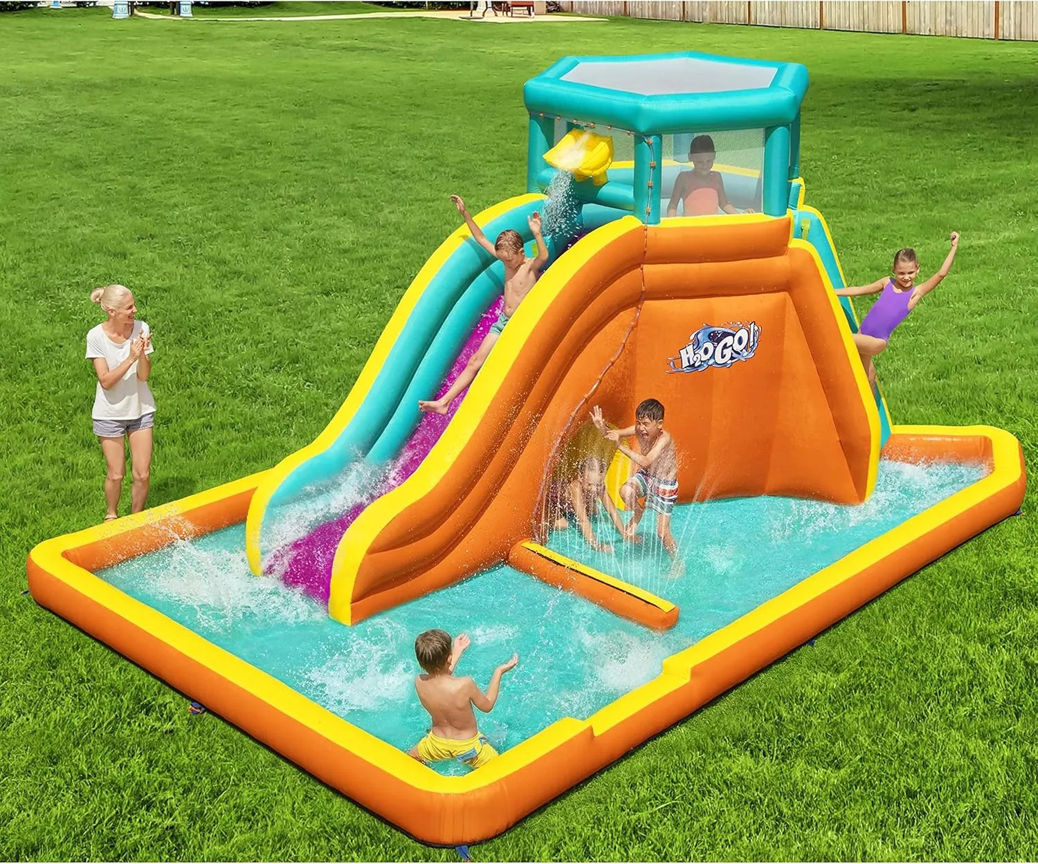 Bestway H2OGO Tidal Tower Kids Backyard Inflatable Giant Water Slide Sprinkler Wall Yard Inflatable Mega Water Park with Air Blower and Storage Bag