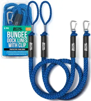 Better Boat Blue Marine Grade Bungee Dock Lines, 2 Pieces, Stainless Steel, 4ft-5.5ft, Elastic Cords & S-Hooks