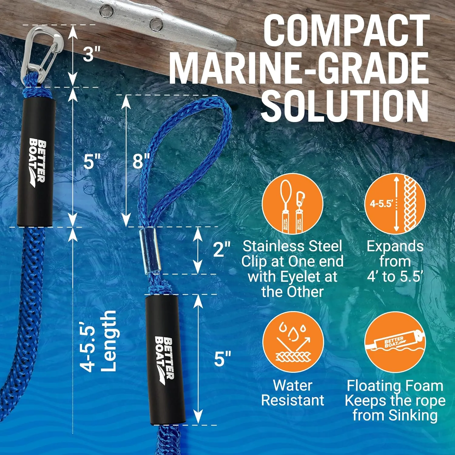 Better Boat Blue Marine Grade Bungee Dock Lines, 2 Pieces, Stainless Steel, 4ft-5.5ft, Elastic Cords & S-Hooks