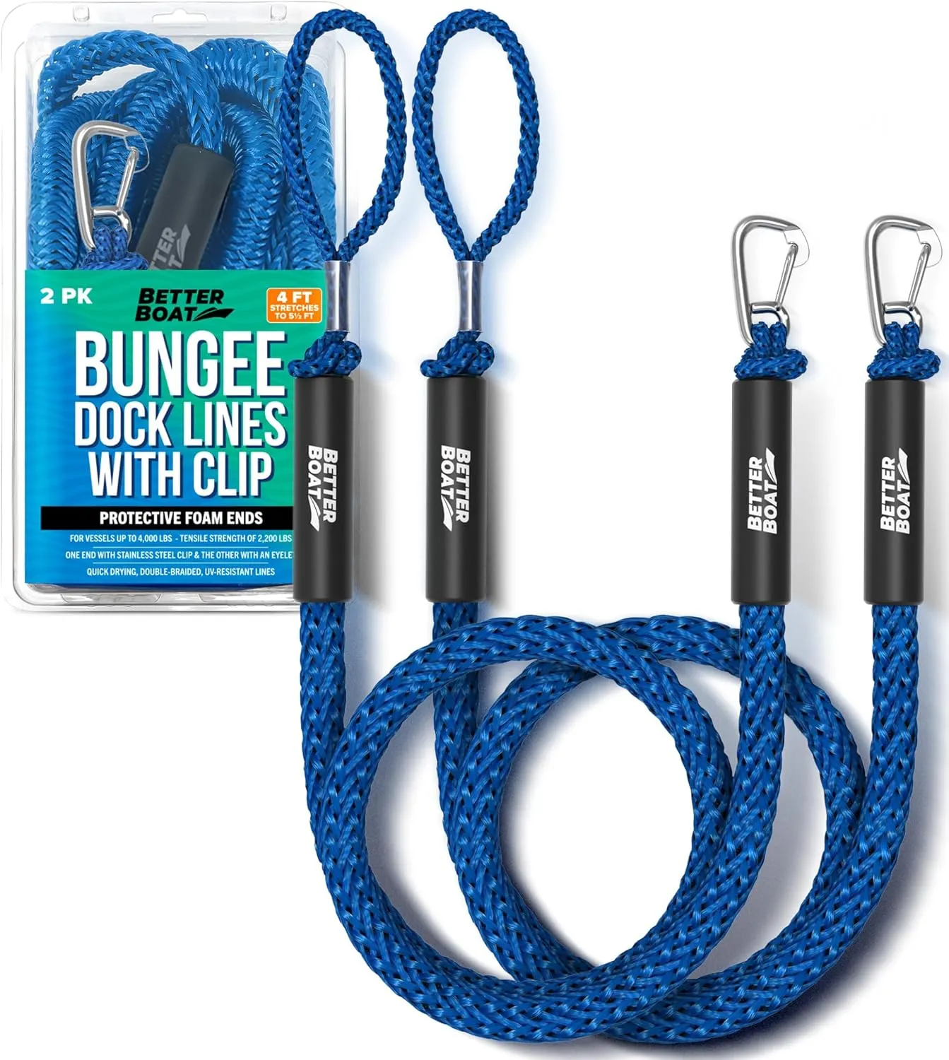 Better Boat Blue Marine Grade Bungee Dock Lines, 2 Pieces, Stainless Steel, 4ft-5.5ft, Elastic Cords & S-Hooks