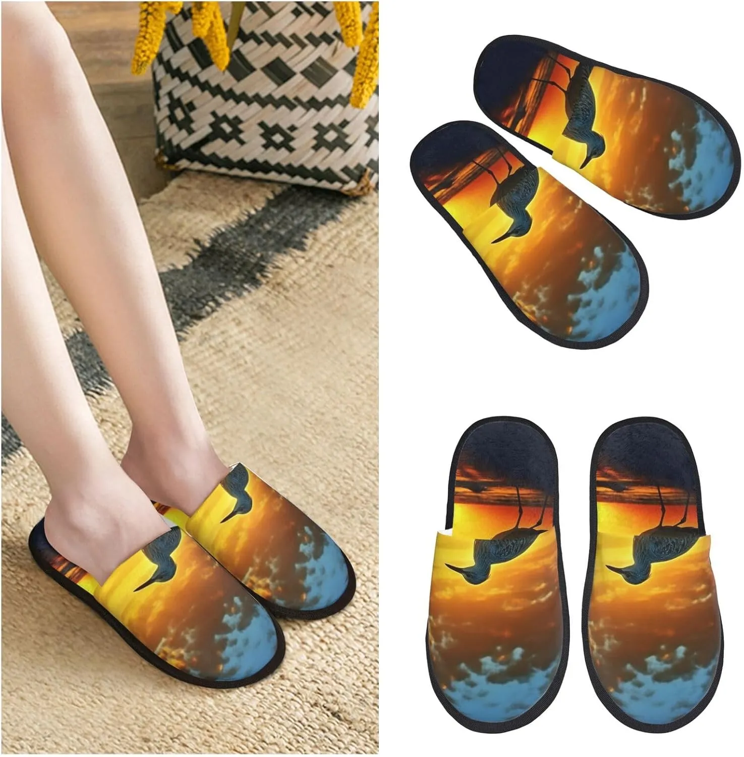 Bird at sunset Furry Slippers for Men Women Fuzzy Memory Foam Slippers Warm Comfy Slip-on Bedroom Shoes Winter House Shoes for Indoor Outdoor