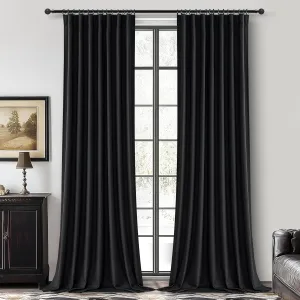 Black Blackout Curtains 96 Inches Long 2 Panel Set, Sun Blocking Curtains for Bedroom Modern Black Window Linen Drapes Thermal Insulated Pleated with Heading Tape Pin Hooks (W50 xL96)