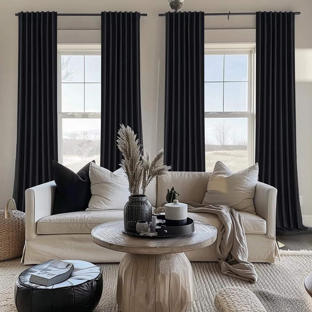 Black Blackout Curtains 96 Inches Long 2 Panel Set, Sun Blocking Curtains for Bedroom Modern Black Window Linen Drapes Thermal Insulated Pleated with Heading Tape Pin Hooks (W50 xL96)