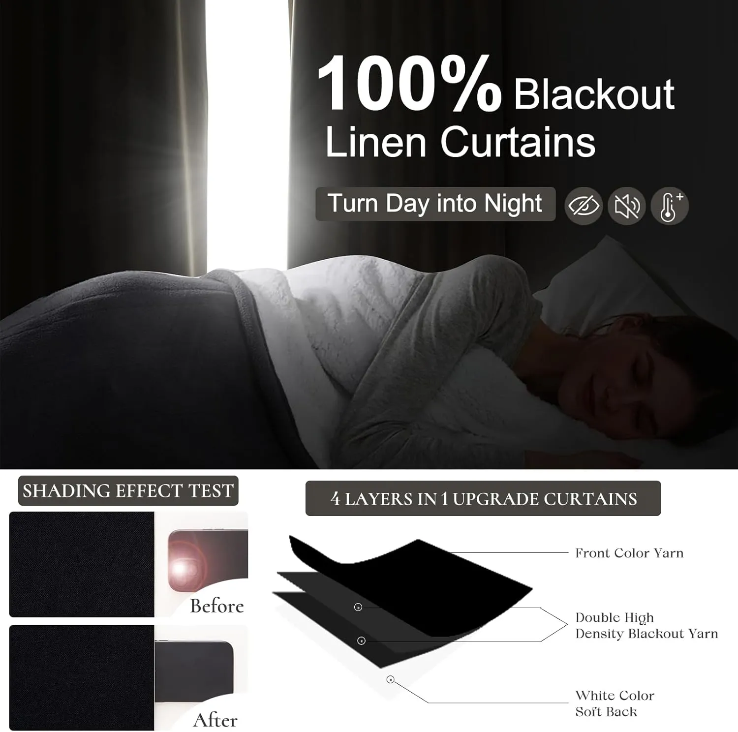 Black Blackout Curtains 96 Inches Long 2 Panel Set, Sun Blocking Curtains for Bedroom Modern Black Window Linen Drapes Thermal Insulated Pleated with Heading Tape Pin Hooks (W50 xL96)