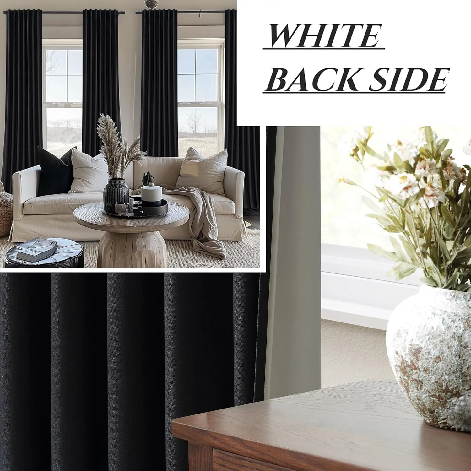Black Blackout Curtains 96 Inches Long 2 Panel Set, Sun Blocking Curtains for Bedroom Modern Black Window Linen Drapes Thermal Insulated Pleated with Heading Tape Pin Hooks (W50 xL96)
