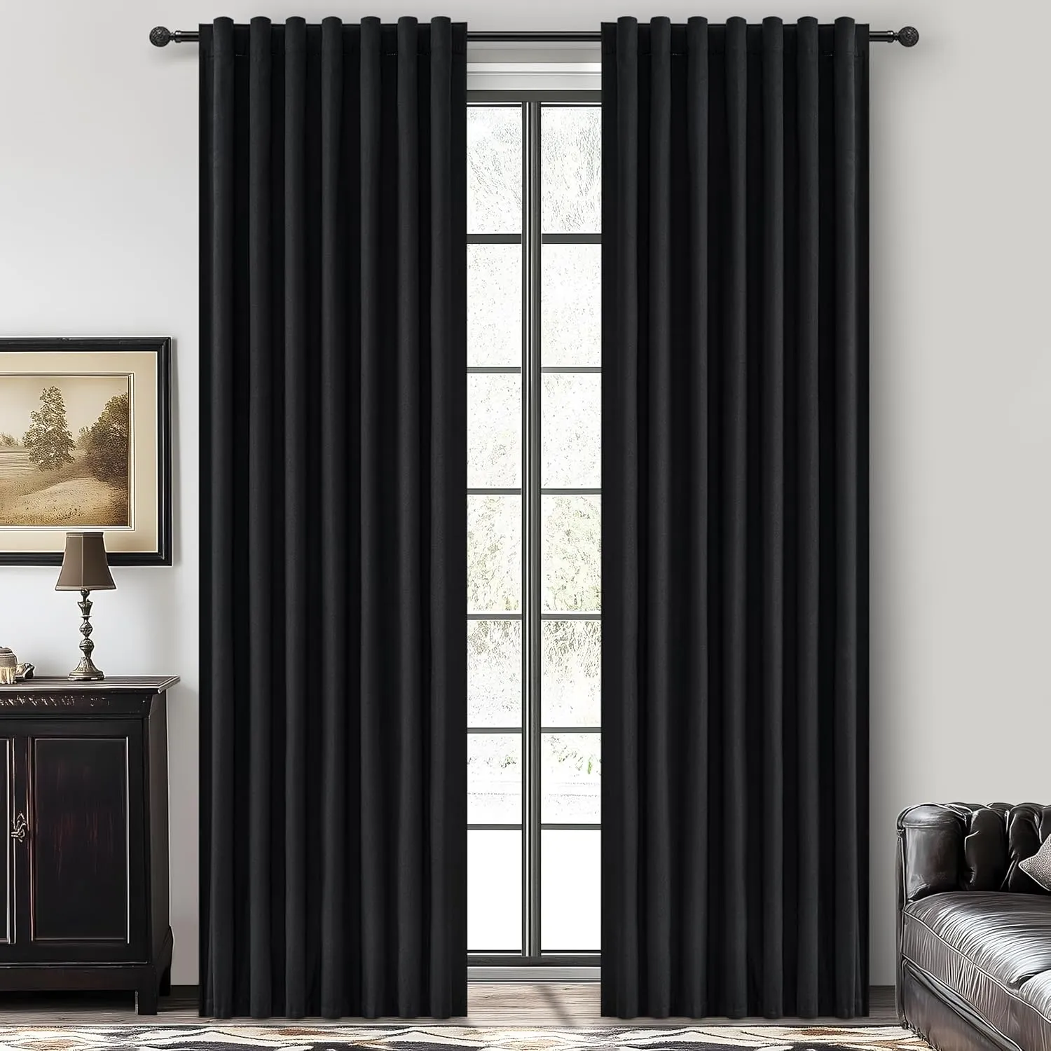 Black Blackout Curtains 96 Inches Long 2 Panel Set, Sun Blocking Curtains for Bedroom Modern Black Window Linen Drapes Thermal Insulated Pleated with Heading Tape Pin Hooks (W50 xL96)