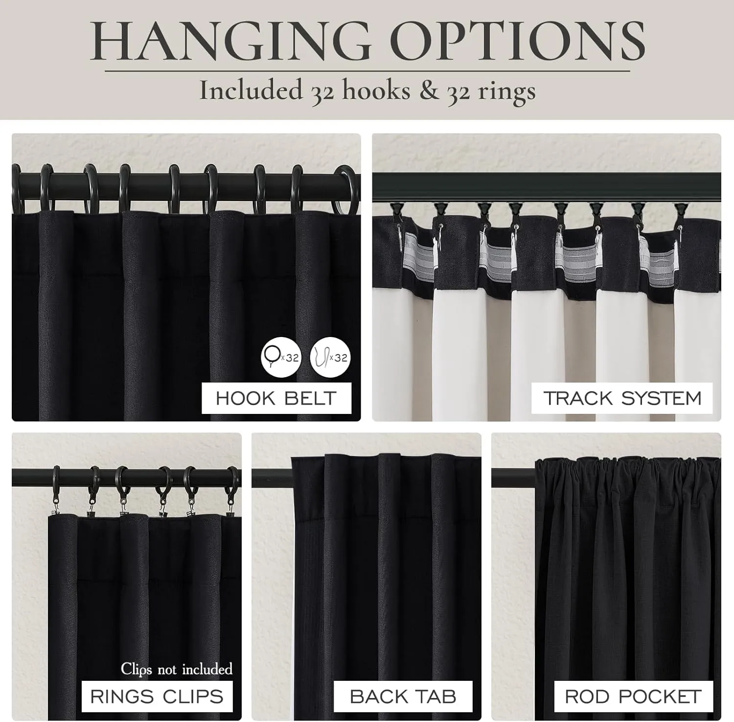 Black Blackout Curtains 96 Inches Long 2 Panel Set, Sun Blocking Curtains for Bedroom Modern Black Window Linen Drapes Thermal Insulated Pleated with Heading Tape Pin Hooks (W50 xL96)