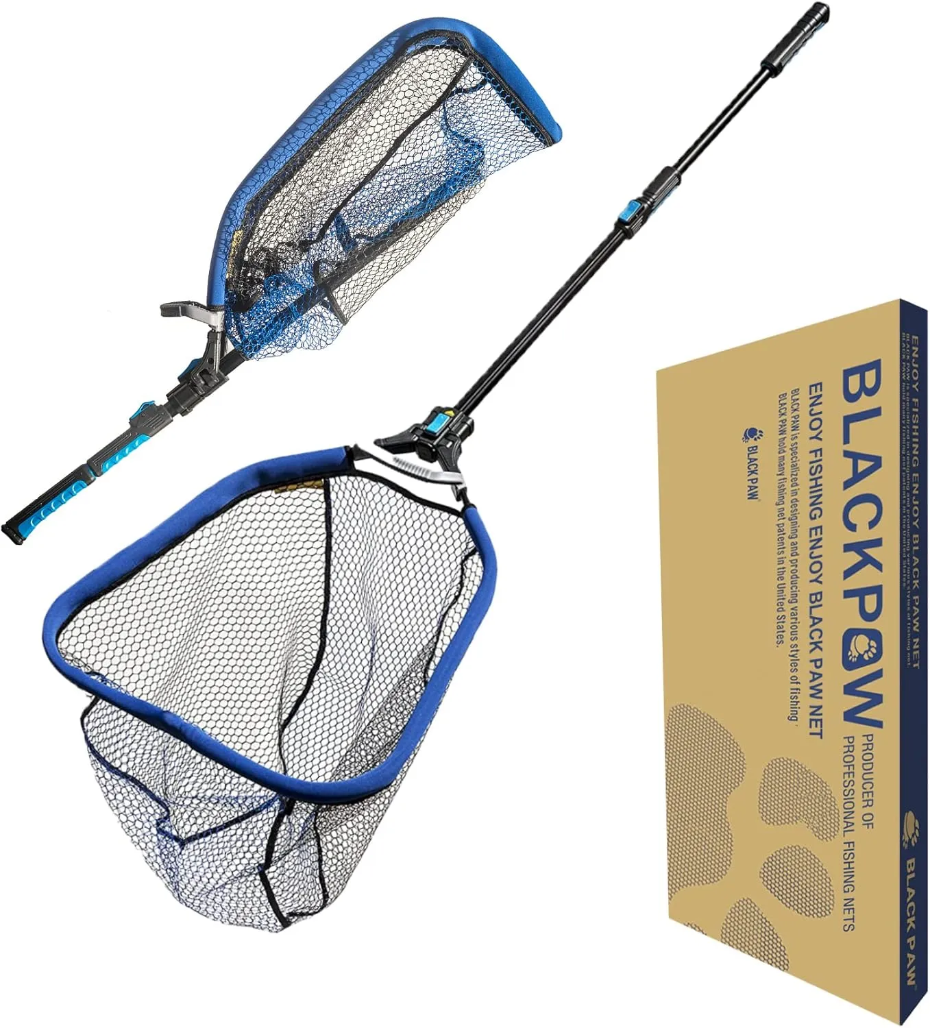 Black Paw Easy Fold Square Sliding Net Rubber Coated 3-D Net Bag, Super Strong, Collapsible Telescopic Pole Handle