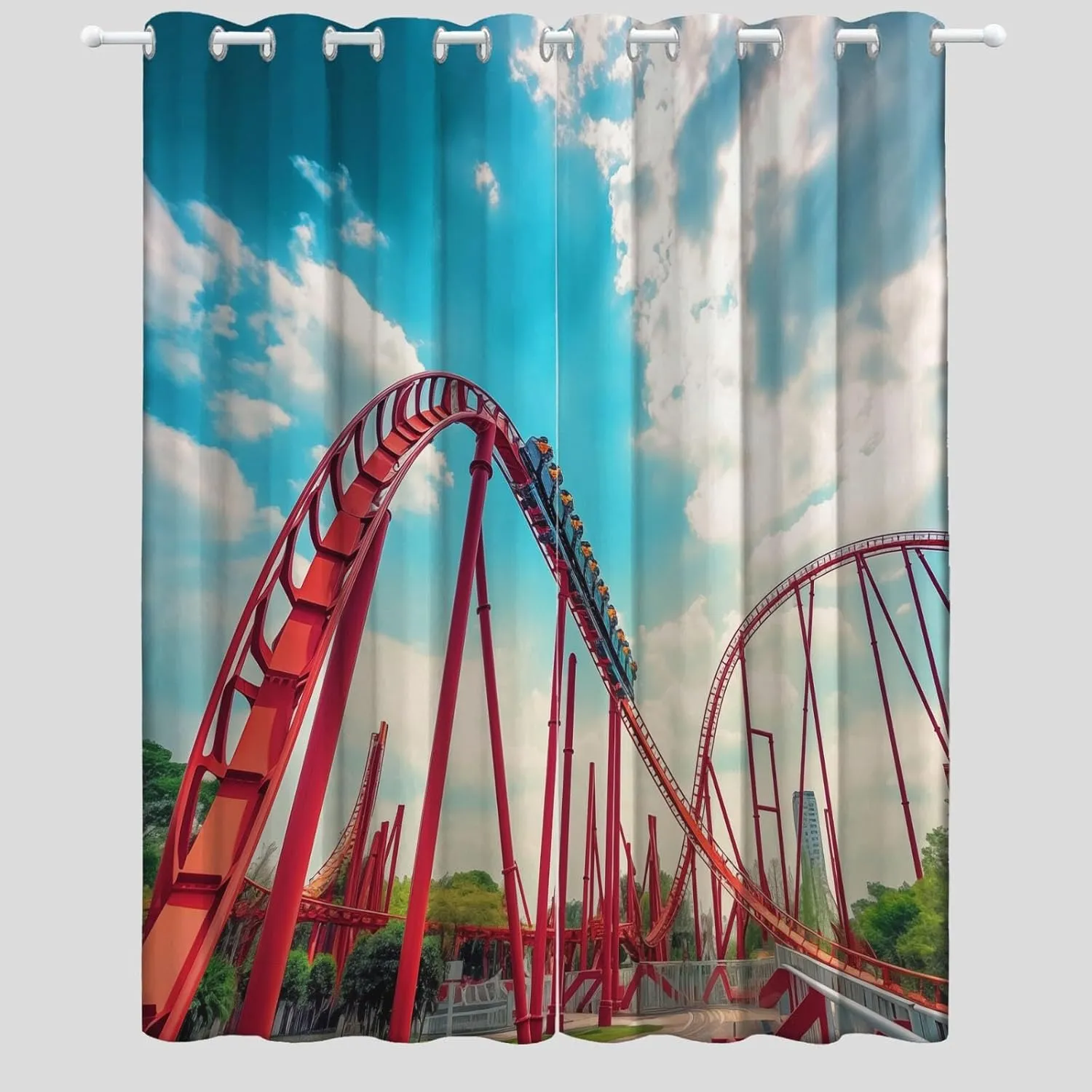 Blackout Curtains Modern Amusement Park Photography Design Pattern, Thermal Curtain Blue Printed Decor for Living Room Bedroom Window, Grommet Curtain 52" W x 63" L (Pack of 2)