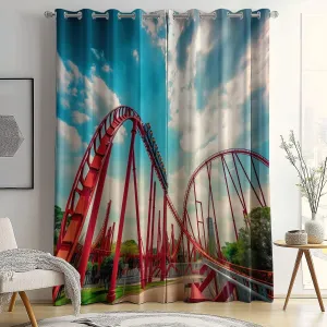 Blackout Curtains Modern Amusement Park Photography Design Pattern, Thermal Curtain Blue Printed Decor for Living Room Bedroom Window, Grommet Curtain 52" W x 63" L (Pack of 2)