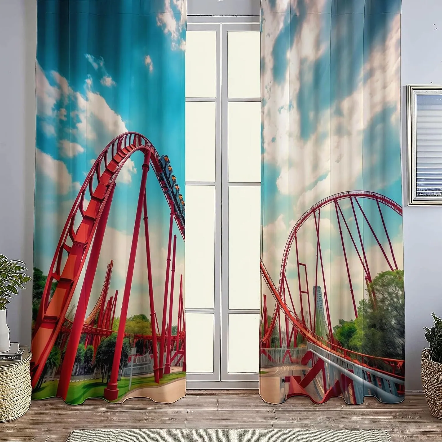 Blackout Curtains Modern Amusement Park Photography Design Pattern, Thermal Curtain Blue Printed Decor for Living Room Bedroom Window, Grommet Curtain 52" W x 63" L (Pack of 2)