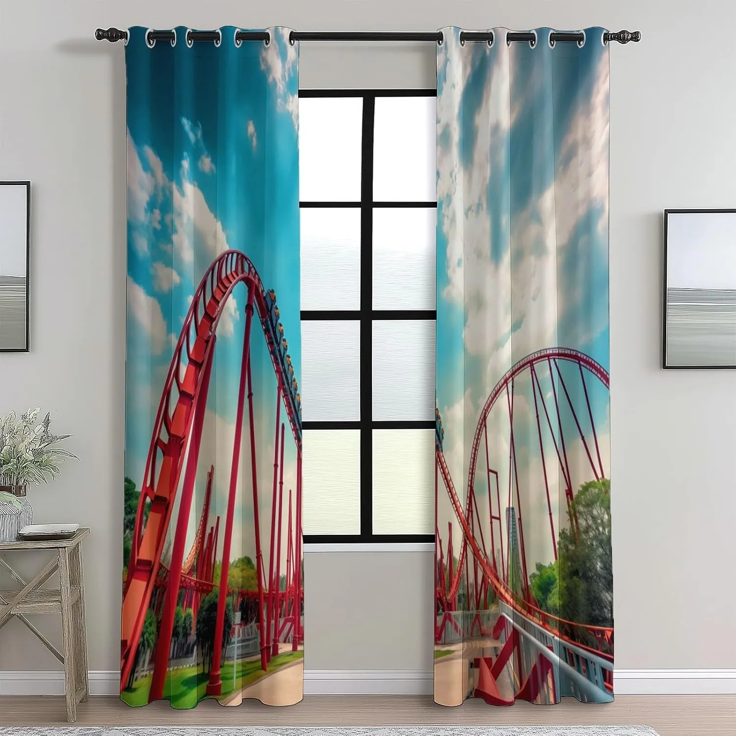 Blackout Curtains Modern Amusement Park Photography Design Pattern, Thermal Curtain Blue Printed Decor for Living Room Bedroom Window, Grommet Curtain 52" W x 63" L (Pack of 2)