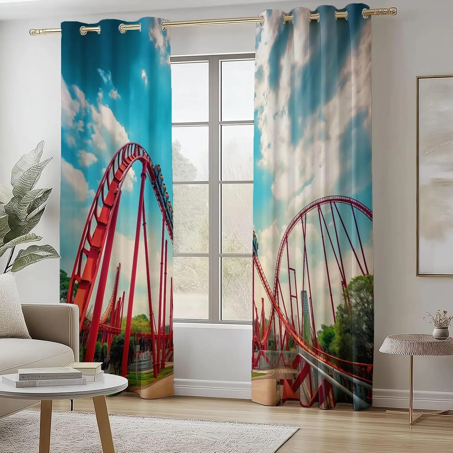 Blackout Curtains Modern Amusement Park Photography Design Pattern, Thermal Curtain Blue Printed Decor for Living Room Bedroom Window, Grommet Curtain 52" W x 63" L (Pack of 2)