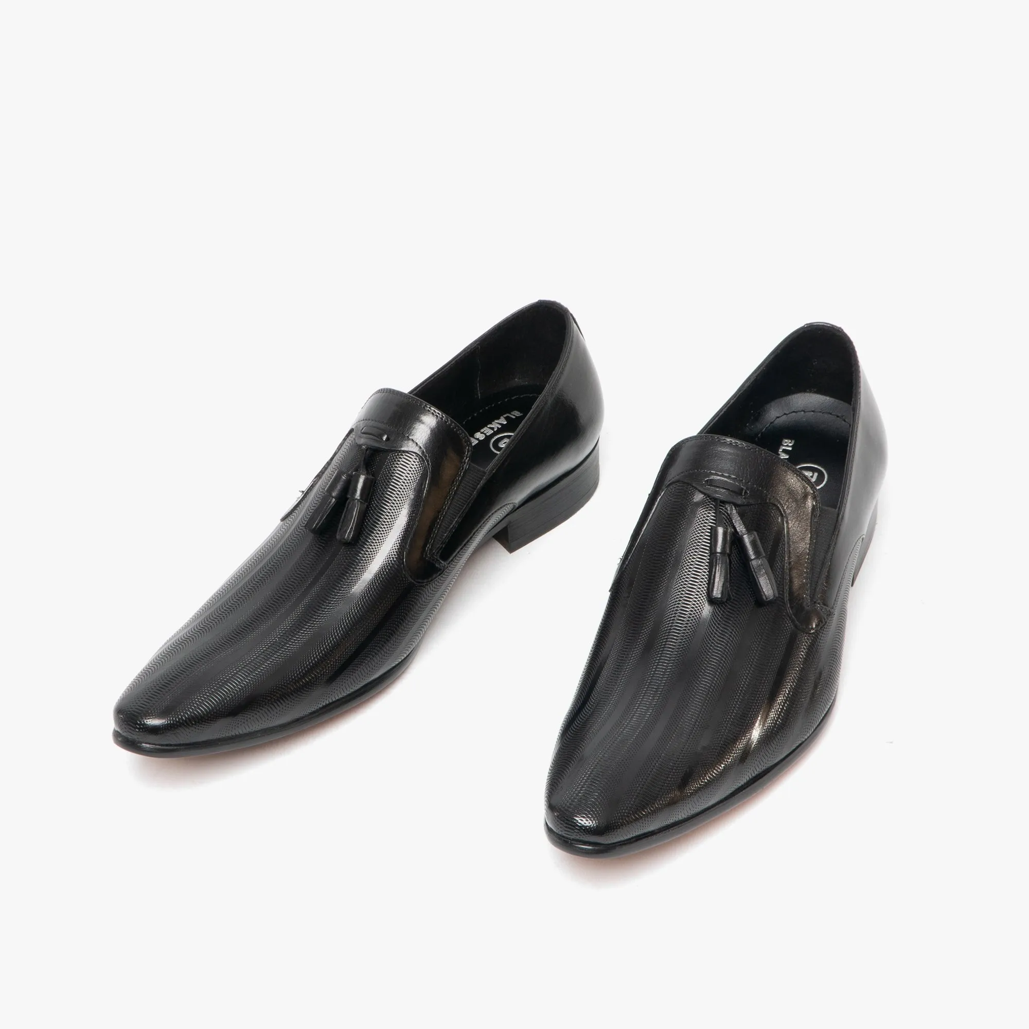 Blakeseys WESTMORELAND Mens Leather Etched Pointed Tassel Loafers Black