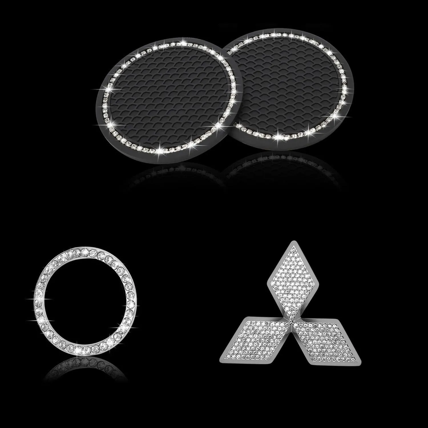 Bling Engine Start Stop Button Cover Crystal Car Cup Holder Coaster Compatible with Mitsubishi Car Logo Decal Emblem Sticker Interior Accessories Set (Large-L)