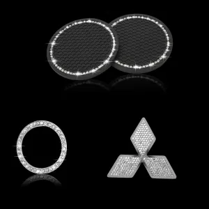 Bling Engine Start Stop Button Cover Crystal Car Cup Holder Coaster Compatible with Mitsubishi Car Logo Decal Emblem Sticker Interior Accessories Set (Large-L)