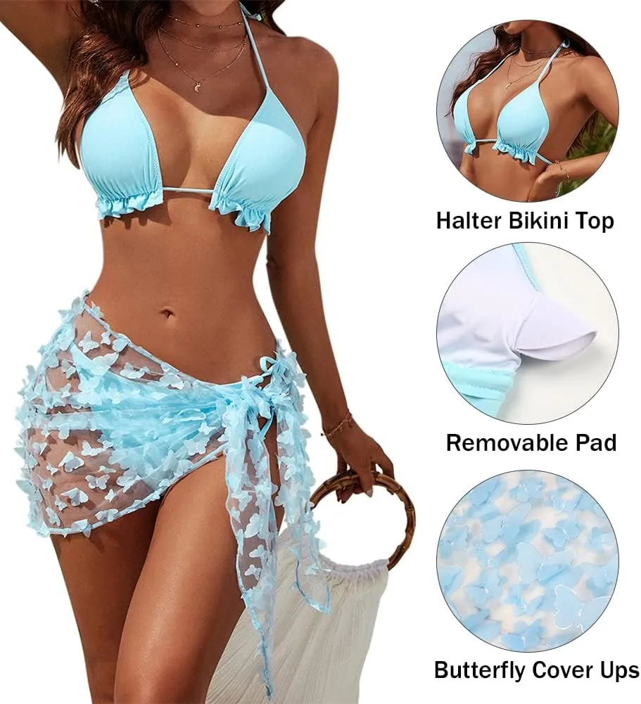 Blooming Jelly Womens 3 Piece Swimsuits Triangle Halter Thong Bikini Set Butterfly Bathing Suits Sarongs