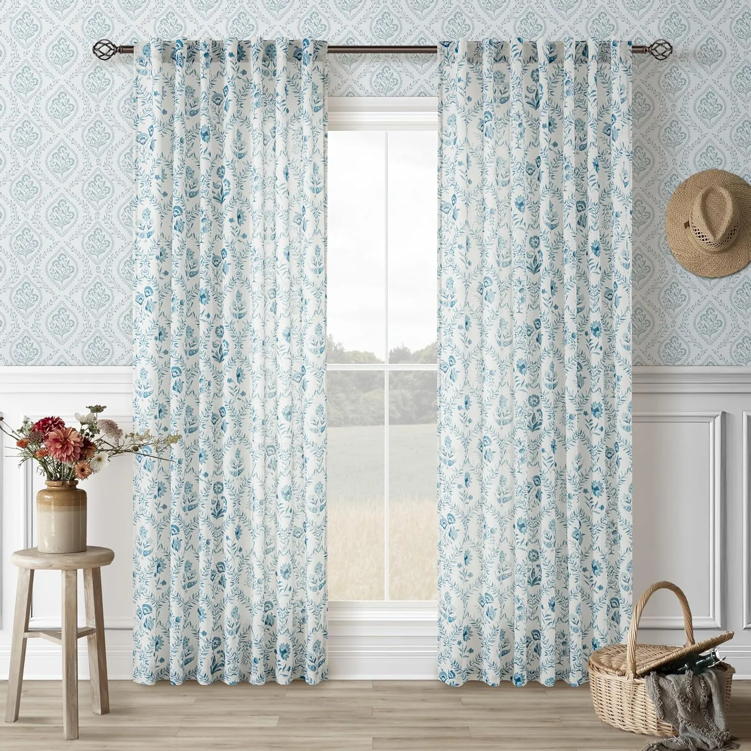 Blue Floral Linen Curtains for Living Dining Room 84 Inch Length 2 Panels Blue Botanical Bloom Pattern Printed Curtains Back Tab Semi Sheer Farmhouse Decor French Country Drape for Bedroom 52x84